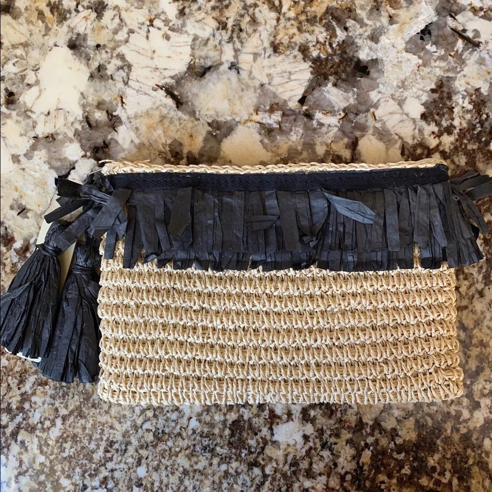 Black Fringe Straw Rattan Woven Clutch Bag with Tassel New  Zipper Closure